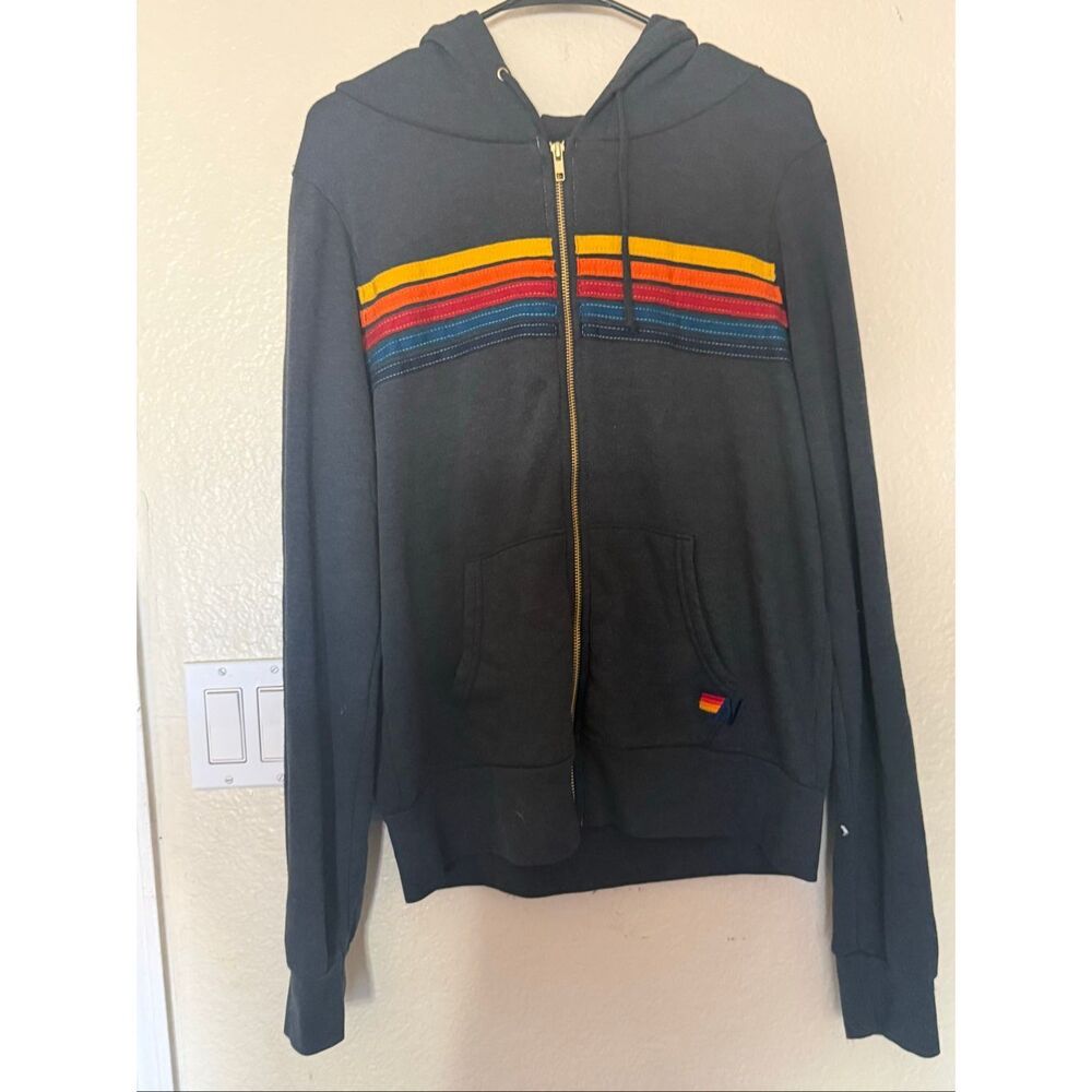 NWOT- Aviator Nation 5 Stripe Full Zip Charcoal Hoodie- Size Large